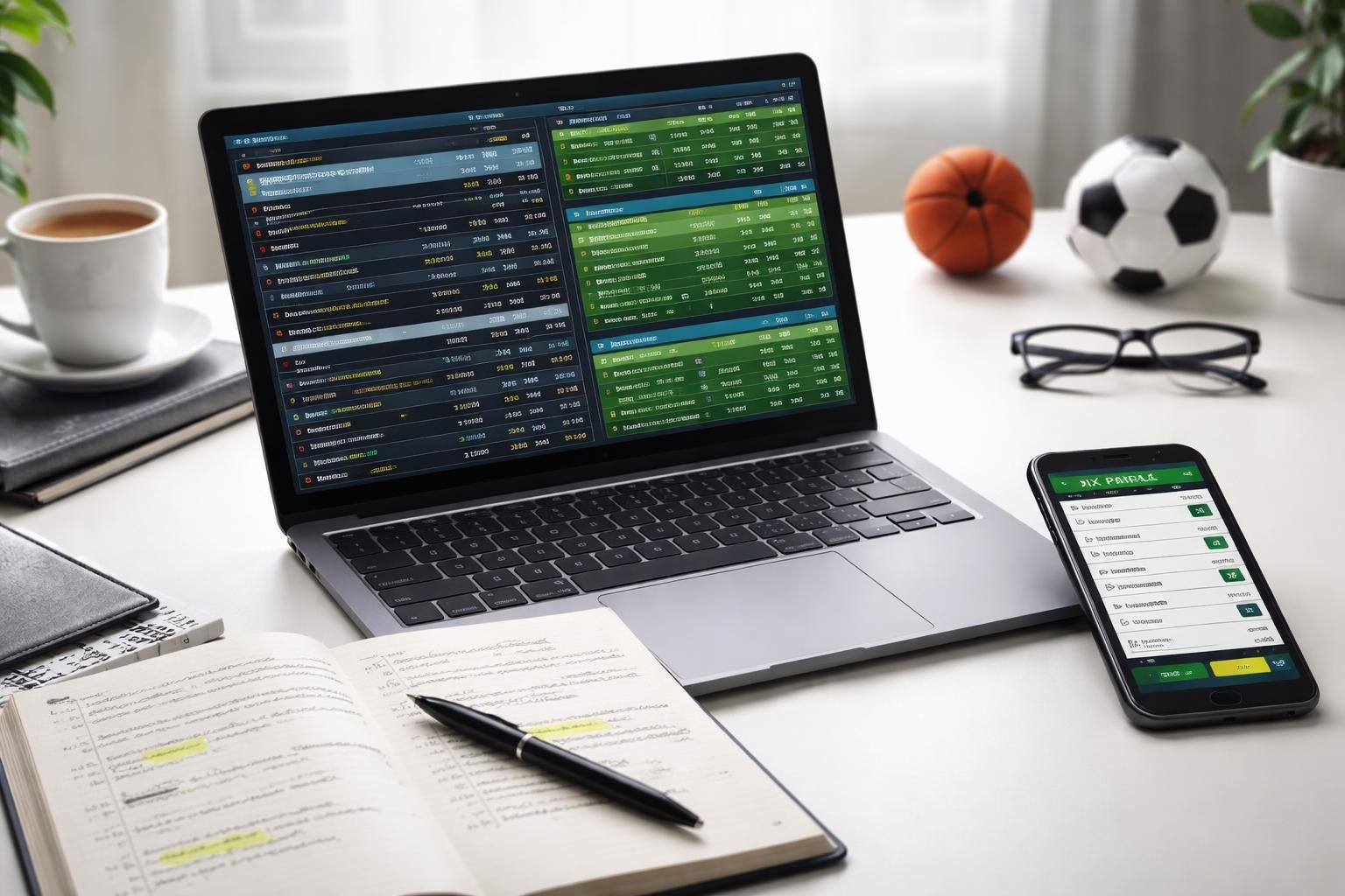 Meja kerja dengan laptop, ponsel, dan catatan yang menunjukkan aktivitas strategi taruhan Mix Parlay Sbobet.