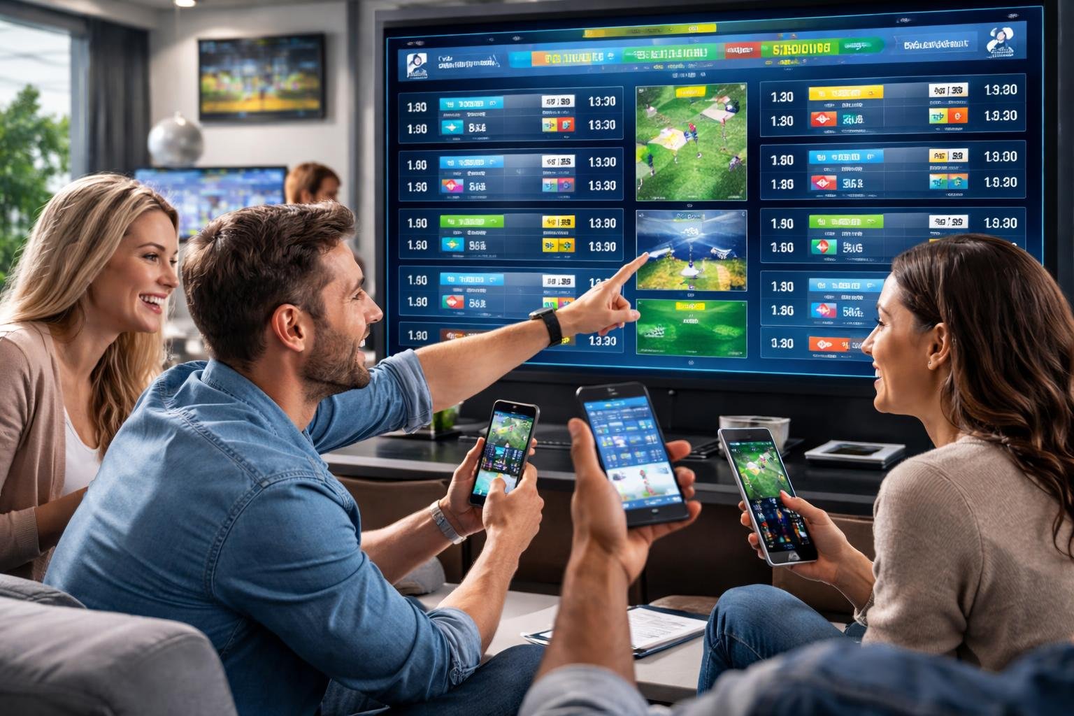 Sekelompok orang sedang menggunakan perangkat digital untuk memasang taruhan pada pertandingan sepak bola di sebuah ruangan modern.