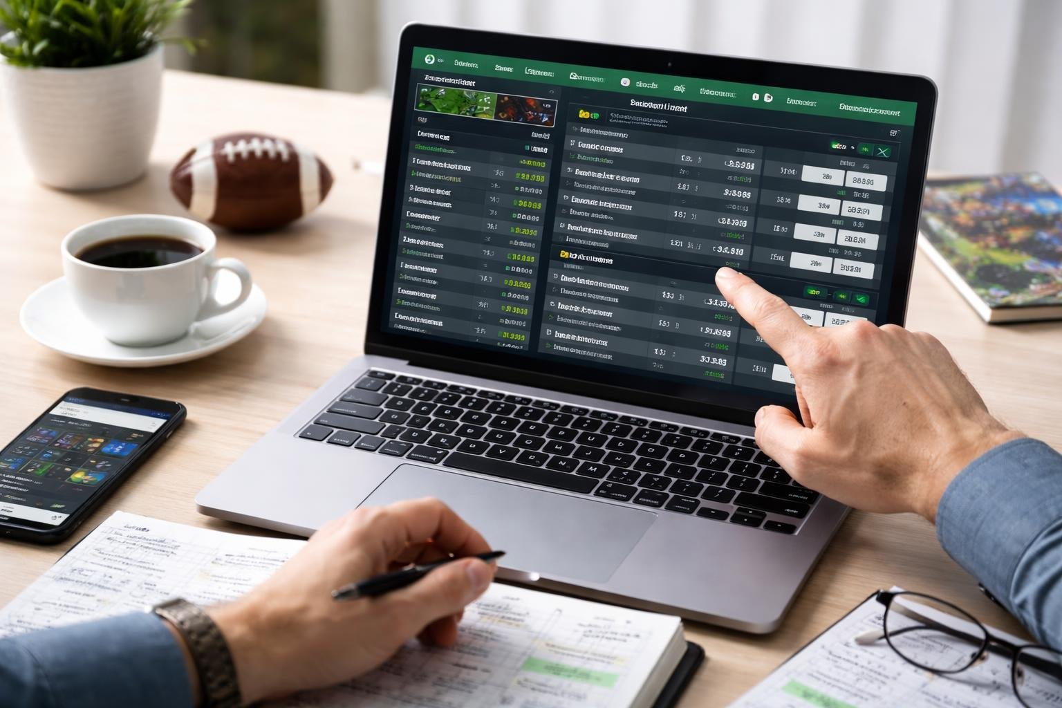 Meja kerja dengan laptop yang menampilkan peluang taruhan olahraga dan catatan analisis pertandingan sepak bola.
