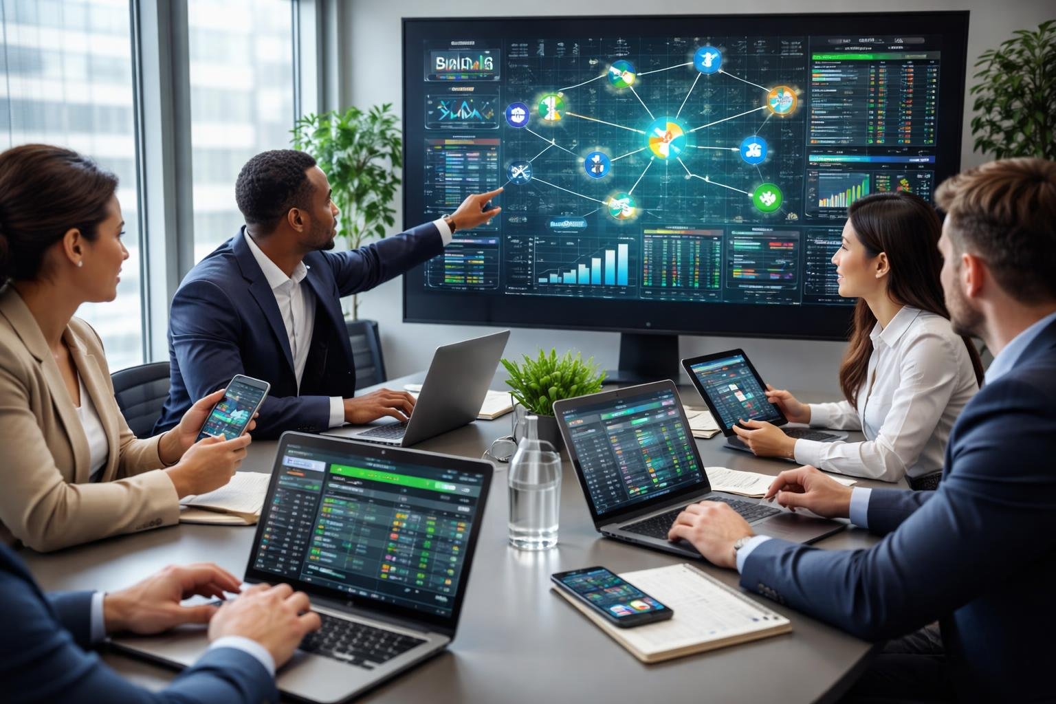 Sekelompok profesional sedang berdiskusi di ruang kantor dengan laptop dan layar yang menampilkan grafik dan statistik taruhan olahraga.