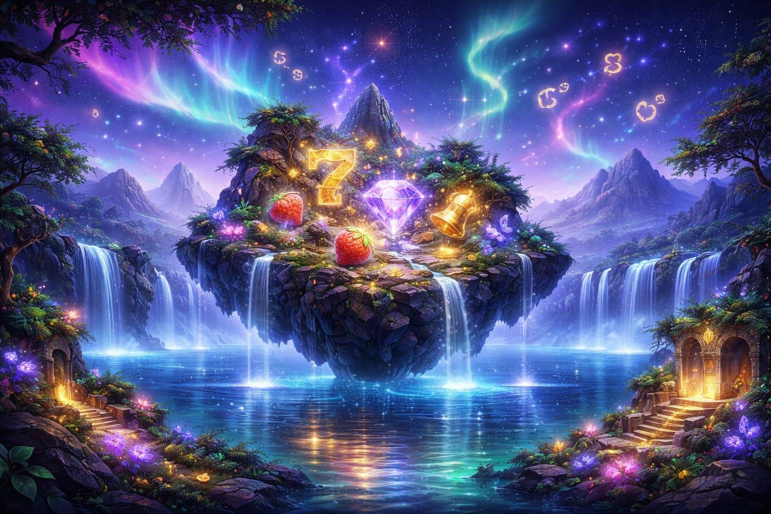 Pulau terapung mistis dengan air terjun berkilauan, danau kristal, reruntuhan kuno, serta langit malam berbintang dengan aurora berwarna-warni.