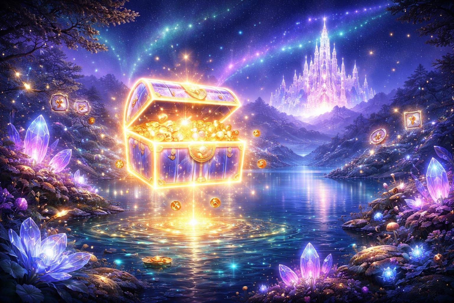 Pemandangan danau yang tenang dengan peti harta karun bercahaya melayang di atasnya, dikelilingi tumbuhan bersinar dan kristal, dengan kastil bercahaya di latar belakang di bawah langit bertabur bintang.