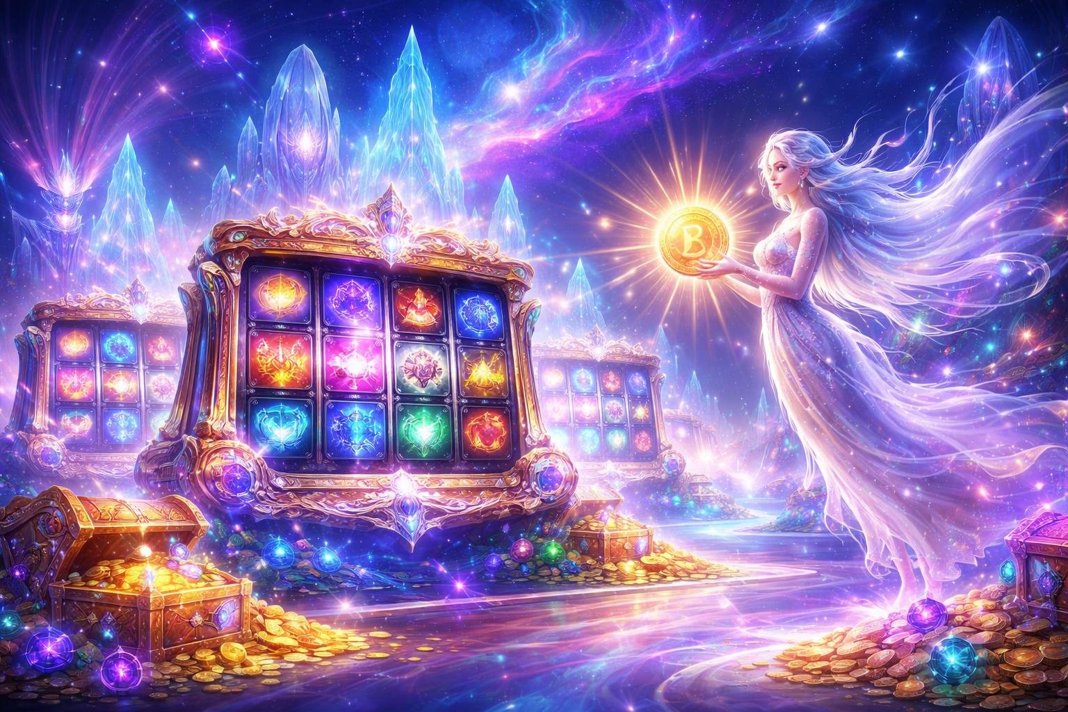 Pemandangan dunia fantasi dengan gulungan slot melayang, simbol ajaib, dan sosok roh pelindung yang memegang koin jackpot bercahaya di latar belakang langit malam berbintang.