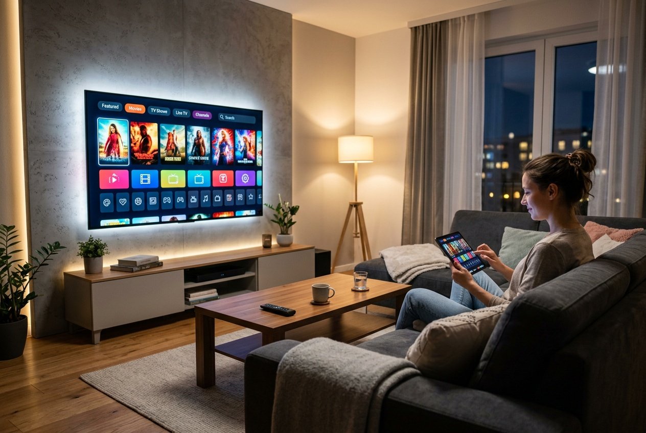 Ett modernt vardagsrum med en stor smart-TV och en person som använder en surfplatta för att bläddra bland streamingtjänster.