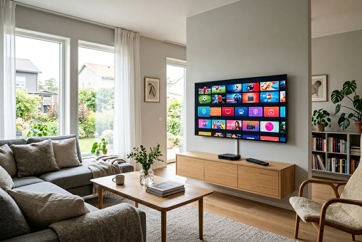 Ett modernt vardagsrum med en platt-TV som visar IPTV-kanaler, ljusa möbler och stora fönster.