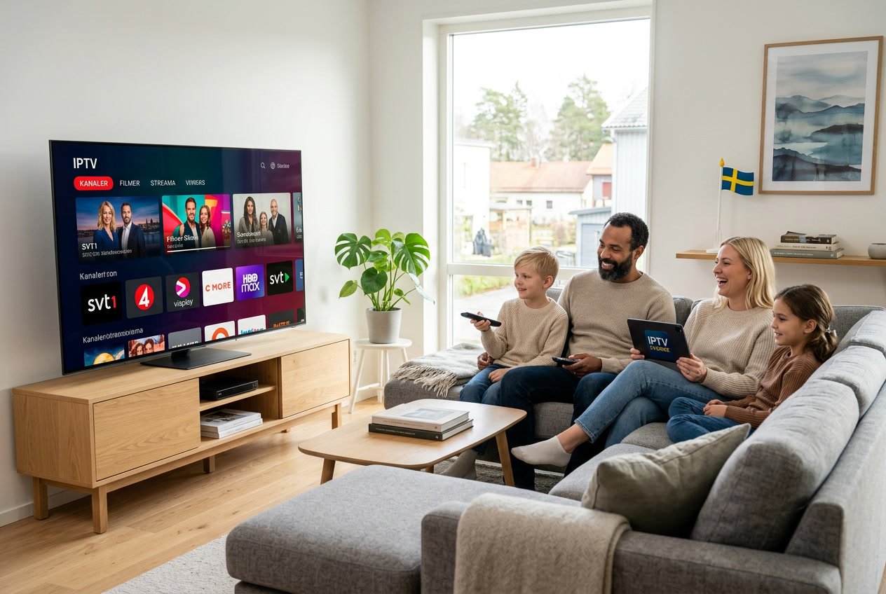 En familj sitter i ett vardagsrum och tittar på en stor TV med IPTV-kanaler och använder fjärrkontroller och smarta enheter.