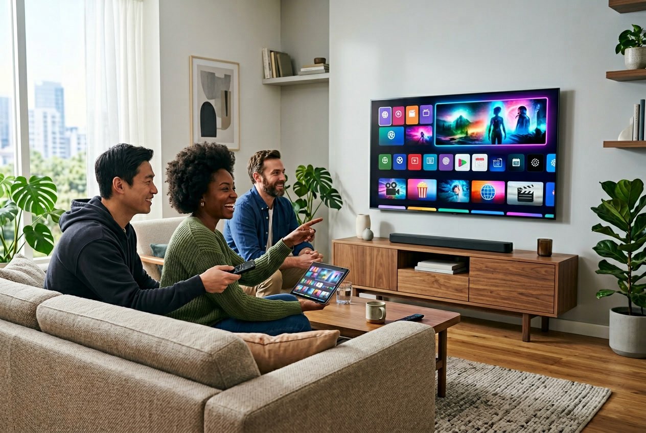 En modern vardagsrumsmiljö med en stor smart-TV och tre personer som tittar på skärmen och använder fjärrkontroll och surfplatta.