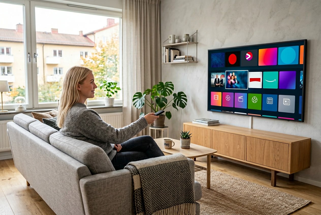 En person sitter i ett modernt vardagsrum och använder en fjärrkontroll för att välja kanaler på en stor TV.