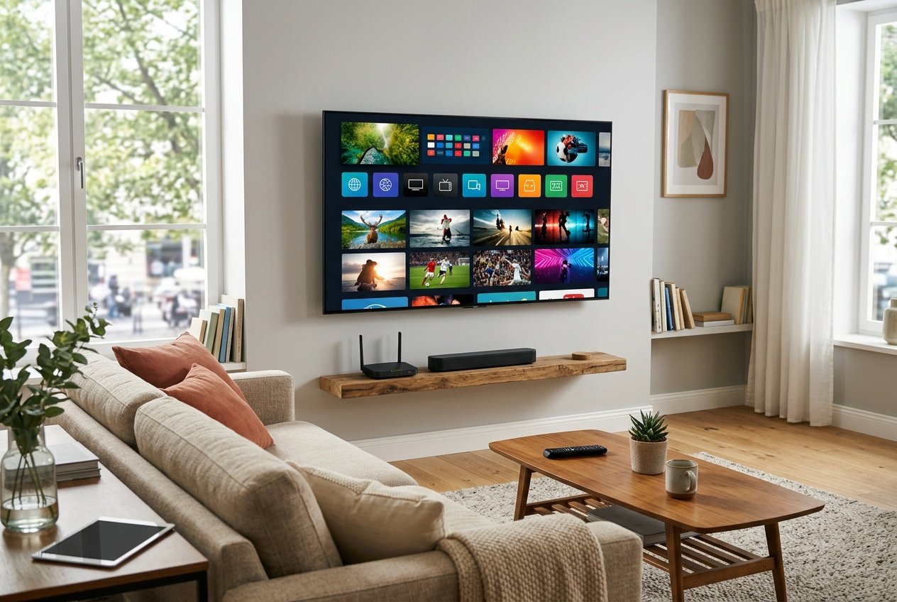 Ett modernt vardagsrum med en smart-TV som visar en streamingtjänst och en fjärrkontroll på ett soffbord.