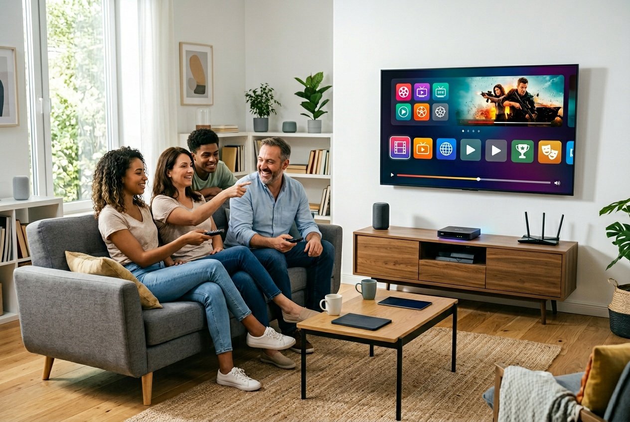 En modern vardagsrumsmiljö med en stor smart-TV som visar streamingappar, där två personer sitter på en soffa och tittar på TV.