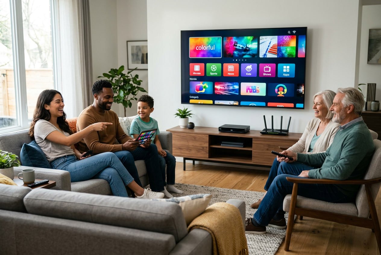 En modern vardagsrumsscen med en stor smart-tv som visar olika streamingappar och kategorier, där flera personer sitter och tittar på tv tillsammans.