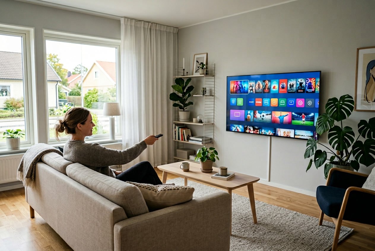En person sitter i ett modernt vardagsrum och tittar på en stor smart-TV med olika streamingalternativ på skärmen.