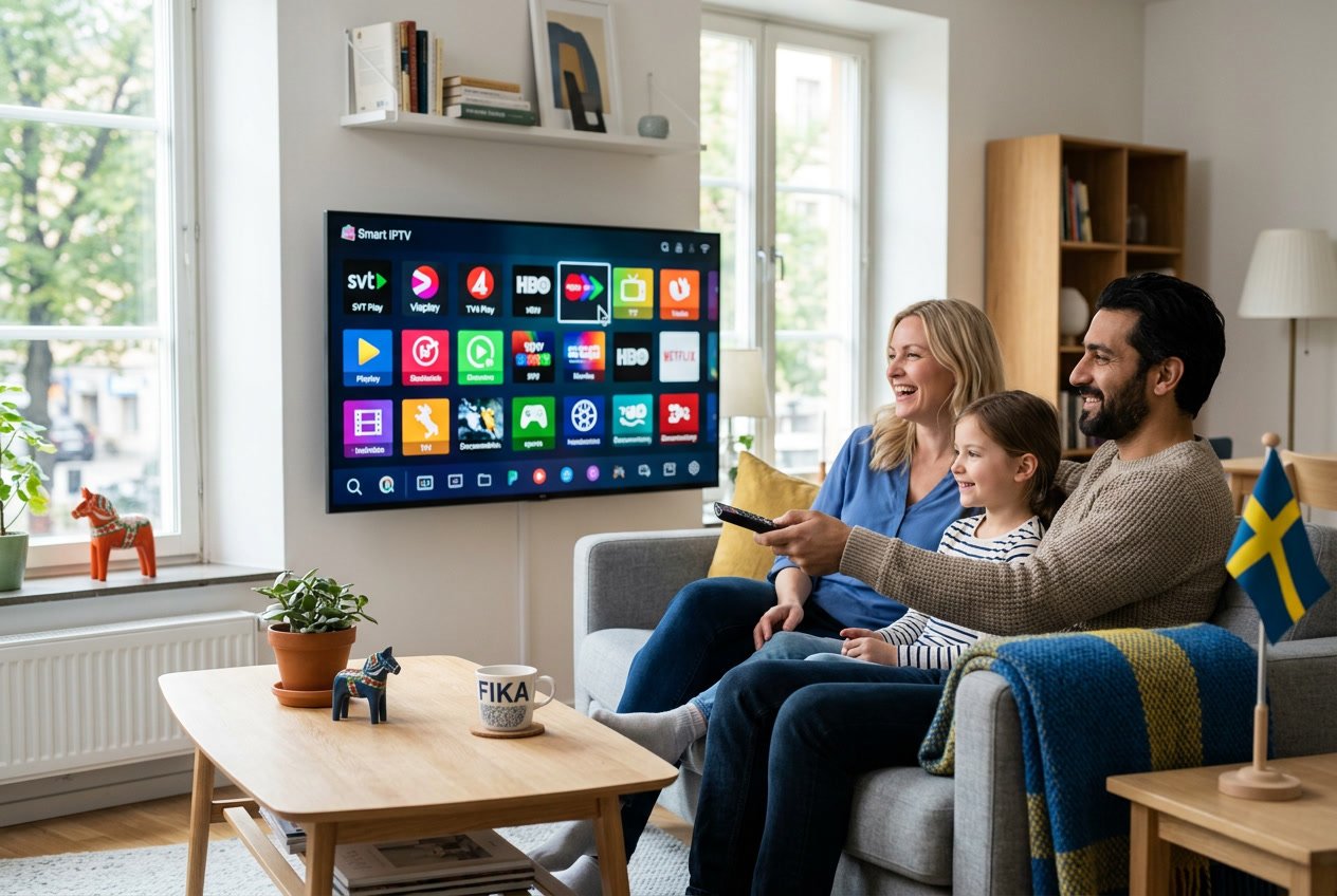 En familj som sitter i ett vardagsrum och tittar på en stor smart-tv med olika streamingappar på skärmen.