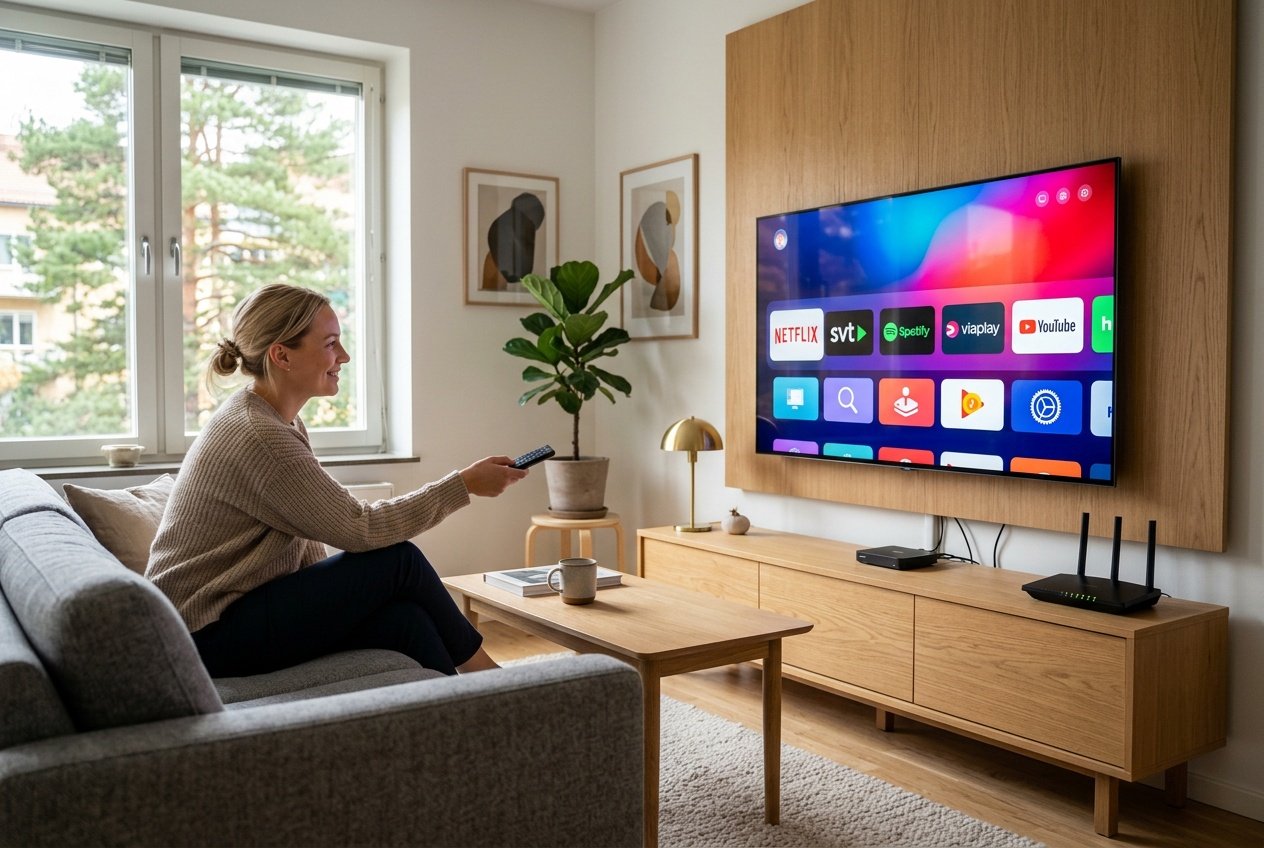 En person i ett modernt vardagsrum använder en fjärrkontroll framför en stor smart-TV med en färgstark skärm, omgiven av skandinavisk inredning och tekniska enheter.