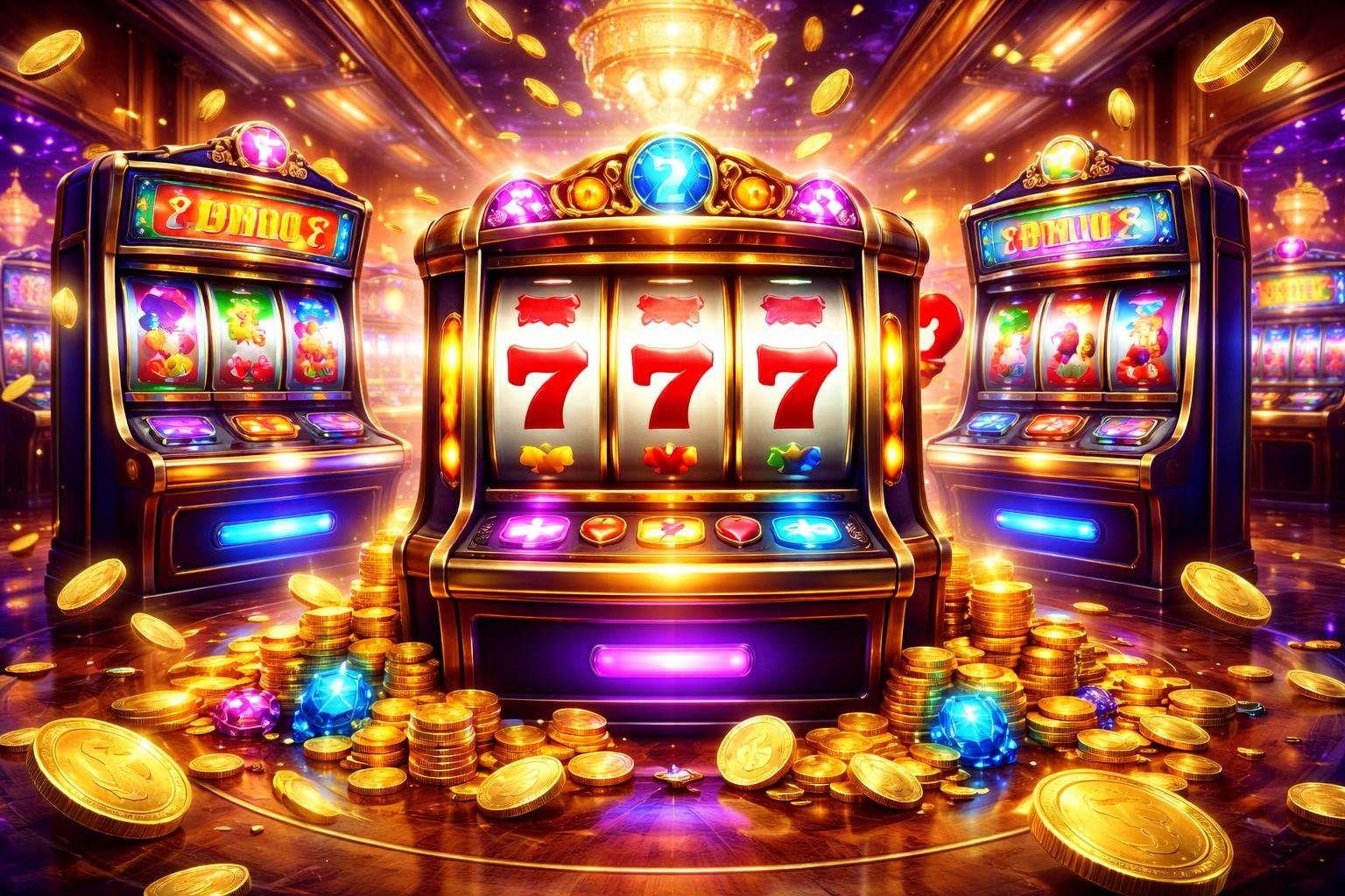 Suasana mesin slot kasino yang berwarna-warni dengan koin dan simbol keberuntungan di dalam ruangan kasino yang mewah.