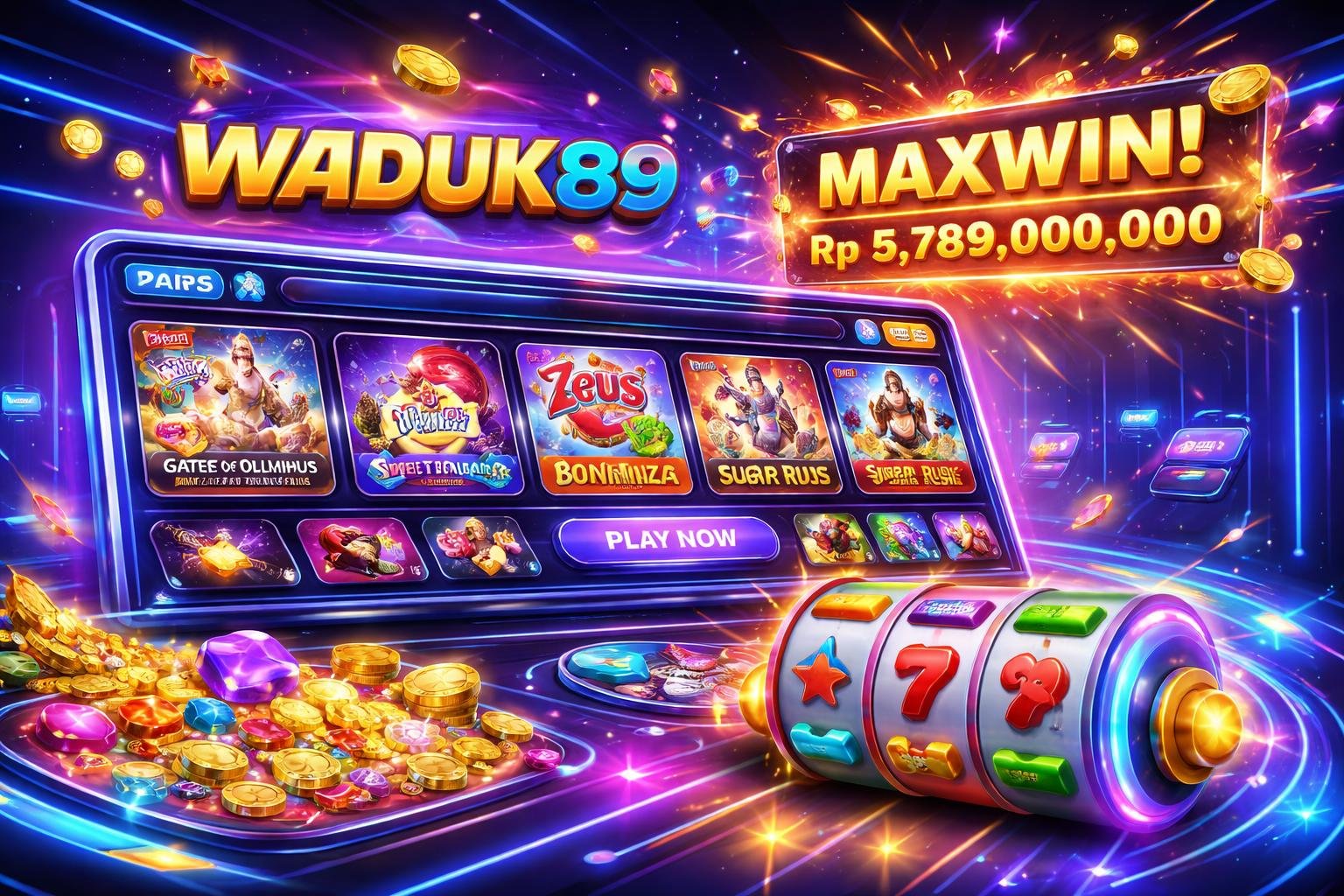 Tampilan platform permainan slot online dengan berbagai ikon permainan warna-warni dan efek cahaya neon di latar belakang gelap.