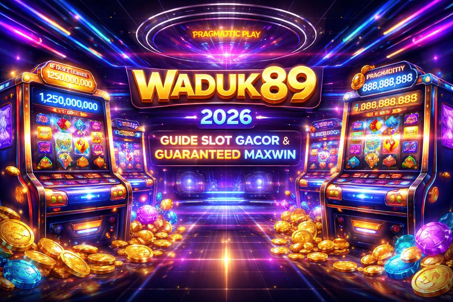 Tampilan 3D dari mesin slot online dengan latar belakang kasino digital futuristik yang penuh warna dan lampu neon, menampilkan berbagai mesin slot yang sedang berputar dan elemen holografik yang menunjukkan jumlah jackpot.