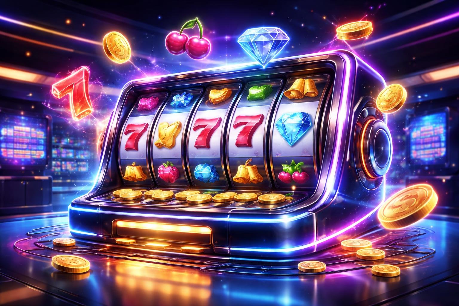 Tampilan mesin slot digital futuristik dengan lampu neon dan ikon permainan slot mengambang di latar kasino modern.