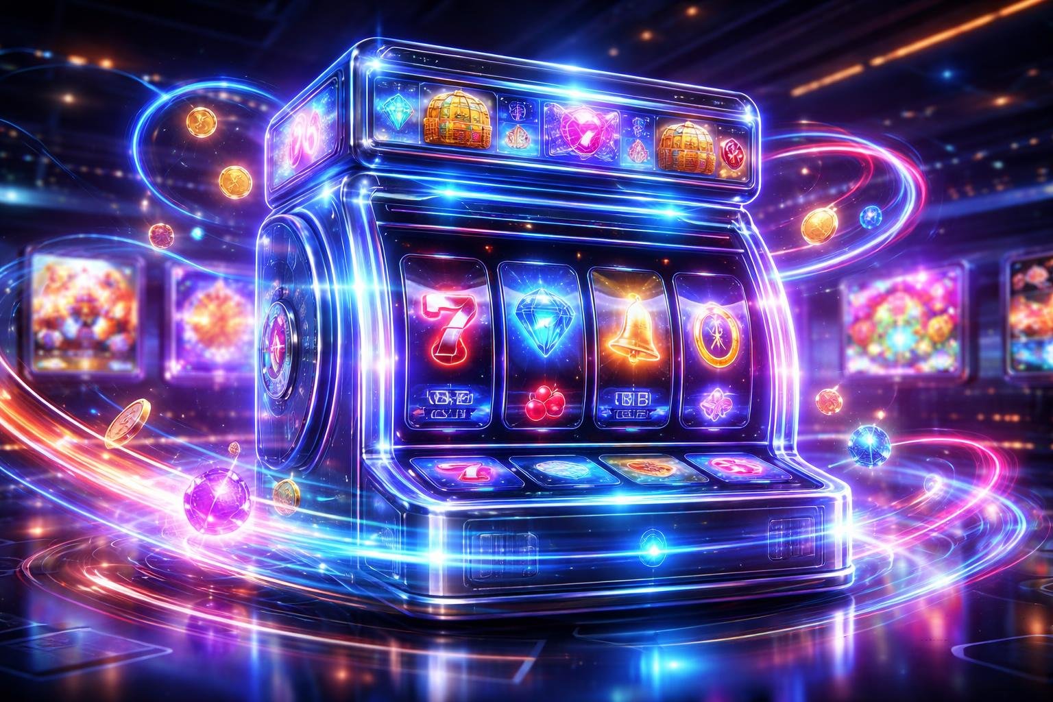 Sebuah mesin slot digital futuristik dengan lampu neon dan simbol holografik di lingkungan kasino virtual modern.