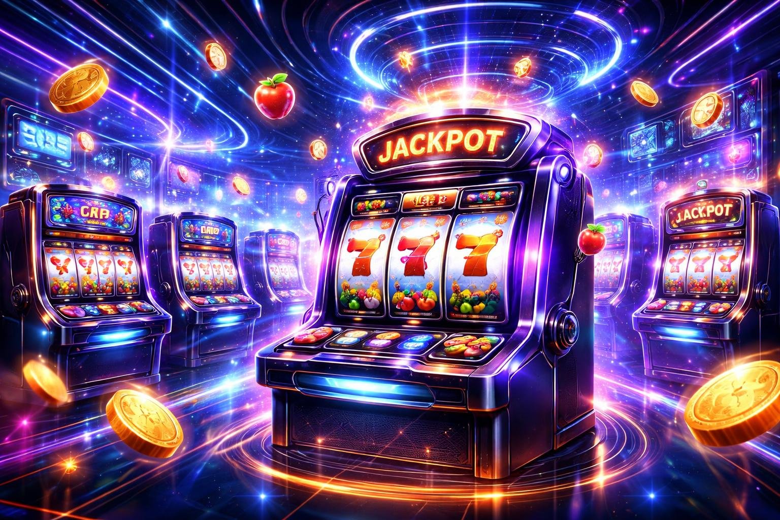 Adegan 3D mesin slot online futuristik dengan lampu neon dan layar digital di kasino modern.