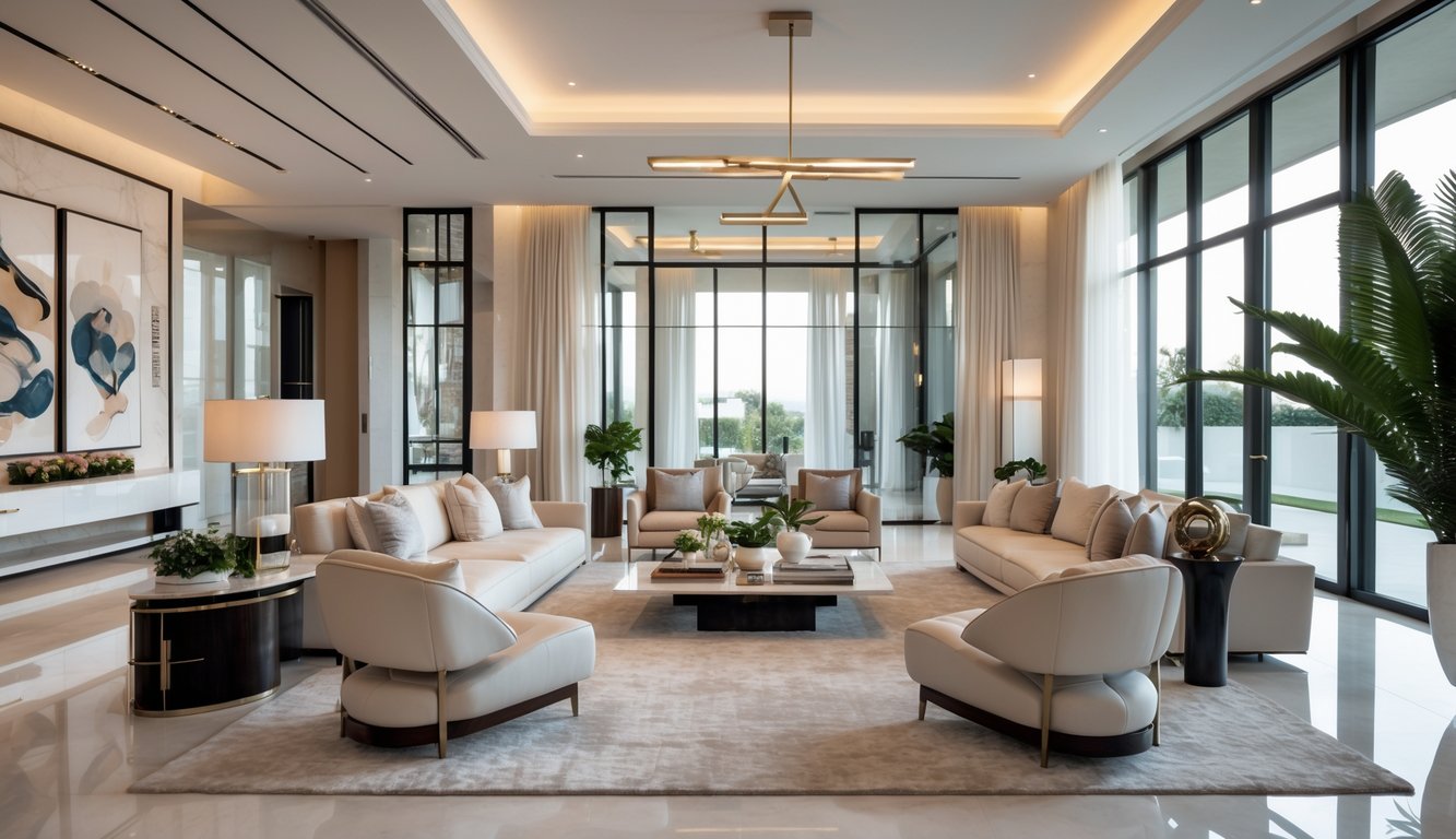 Ruang tamu rumah modern yang luas dengan furnitur elegan, jendela besar, dan pencahayaan alami.