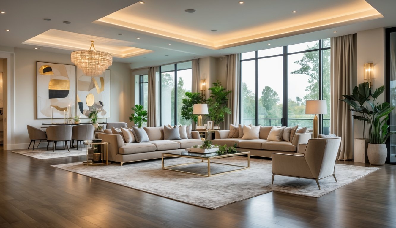 Ruang tamu luas dengan sofa, meja kopi, dan jendela besar yang menerangi ruangan secara alami.