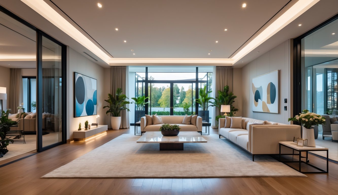 Ruang tamu yang luas dengan jendela besar, sofa nyaman, meja kopi, tanaman hias, dan pencahayaan lembut.