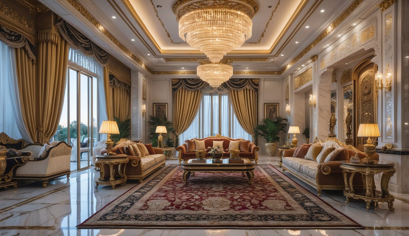 Ruang tamu mewah dengan furnitur elegan, lampu gantung kristal, dan dekorasi berornamen emas yang menunjukkan kemewahan dan kenyamanan.