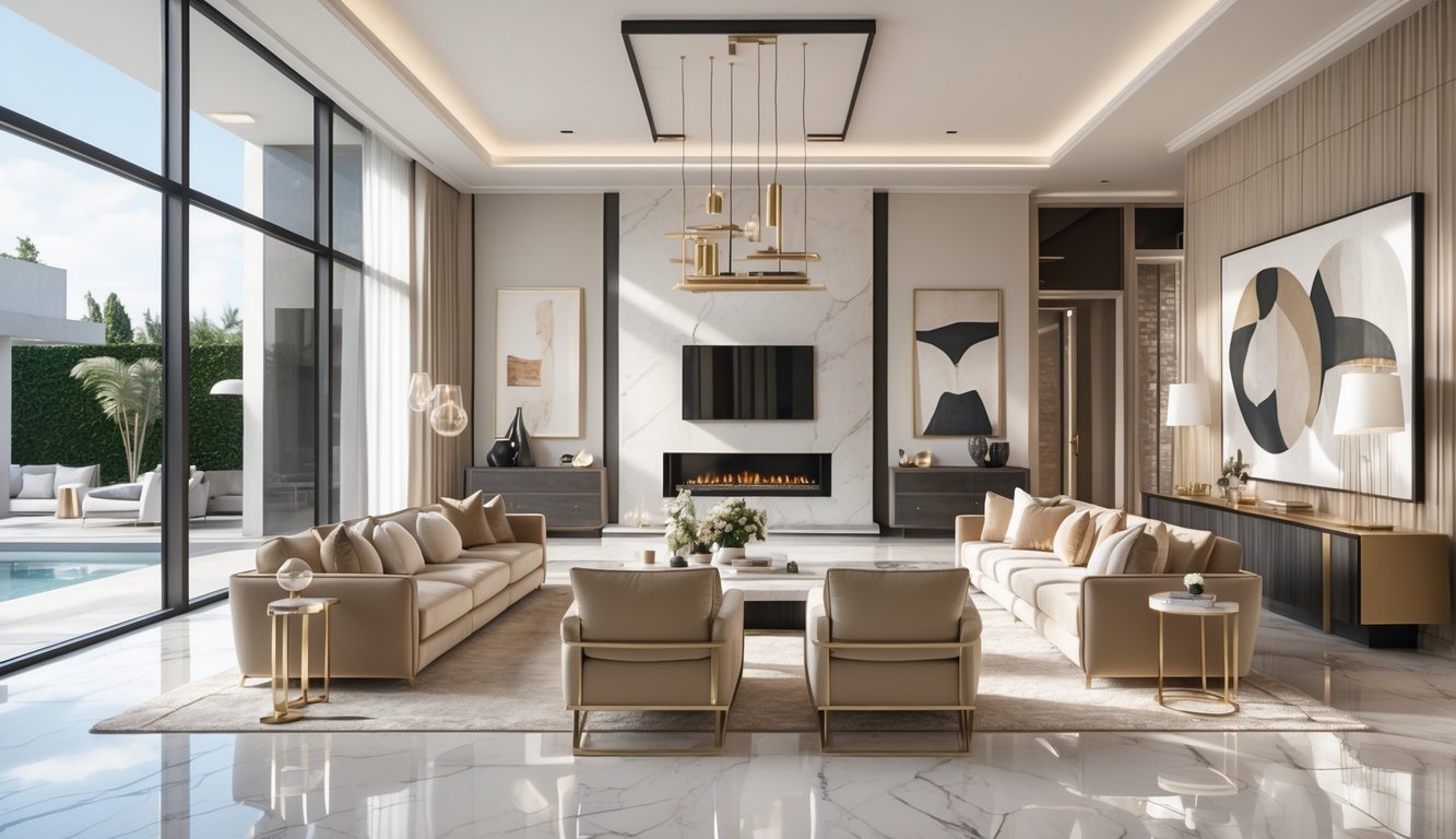 Ruang tamu luas dengan jendela besar, sofa, perapian, dan dapur terbuka yang modern.