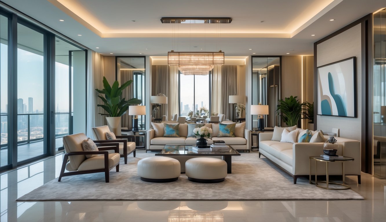 Ruang tamu modern yang luas dengan furnitur elegan, jendela besar, dan pencahayaan alami yang terang.