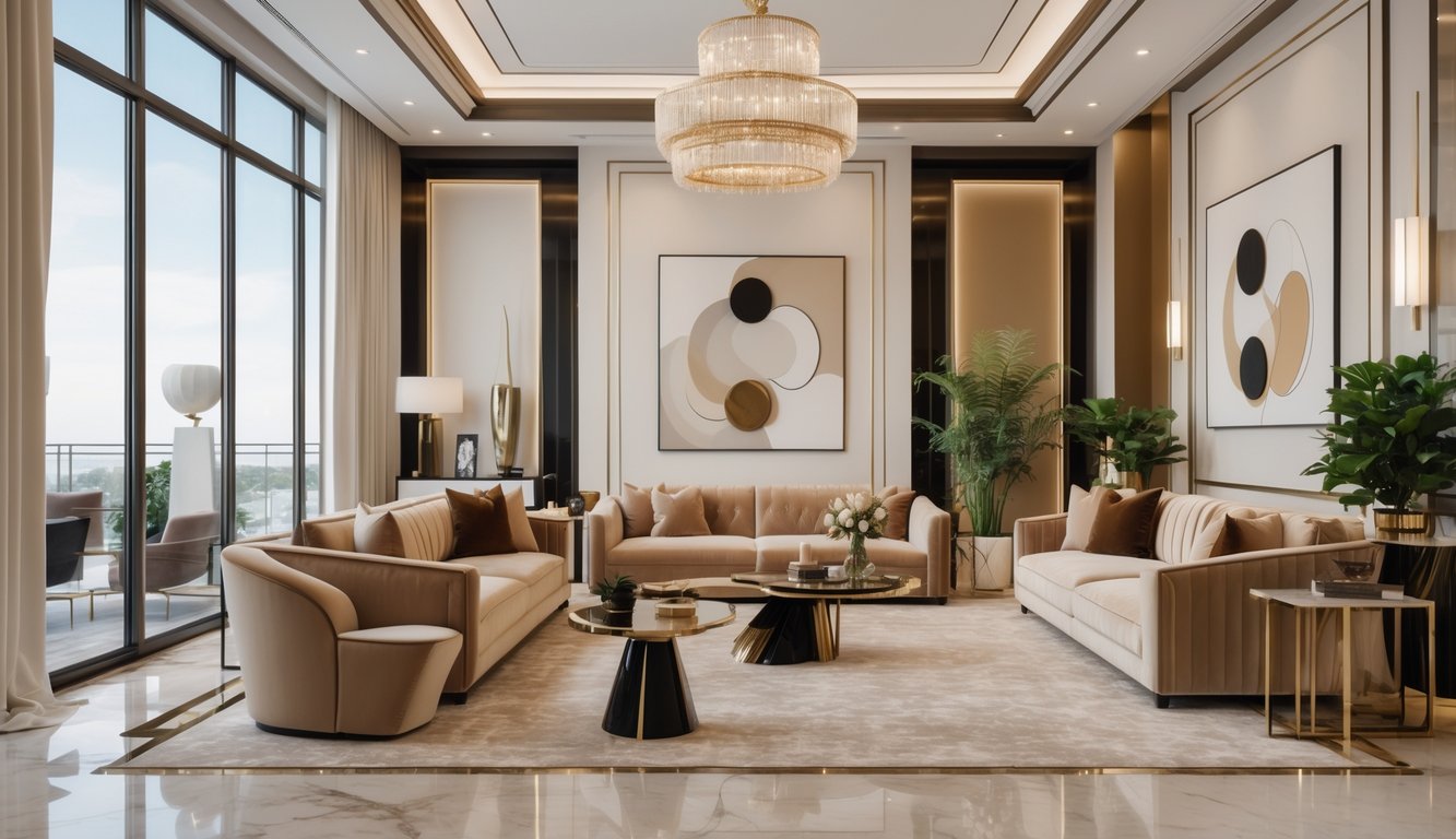 Sebuah ruang tamu mewah dengan sofa besar, jendela besar, dan pencahayaan alami yang terang.