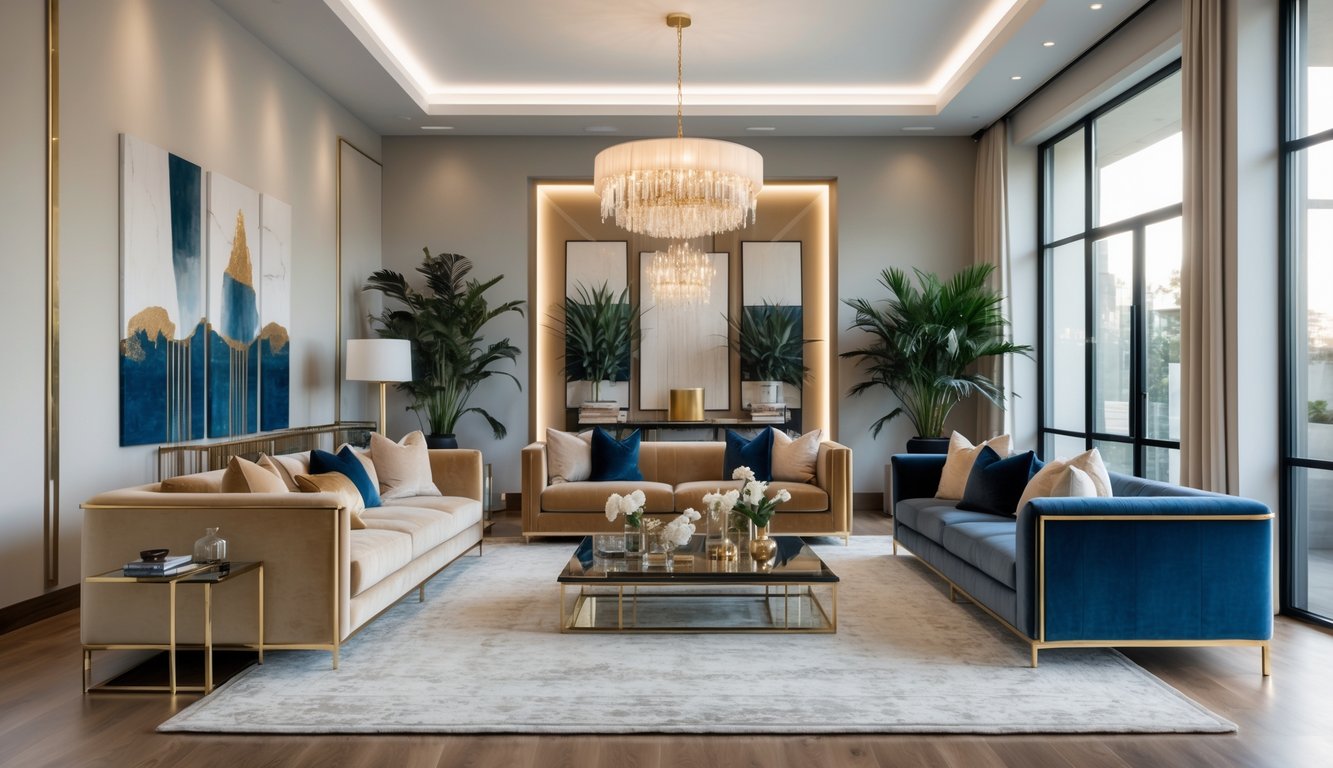 Ruang tamu mewah dengan sofa empuk, meja kopi kaca, lampu gantung, dan jendela besar yang menerangi ruangan.