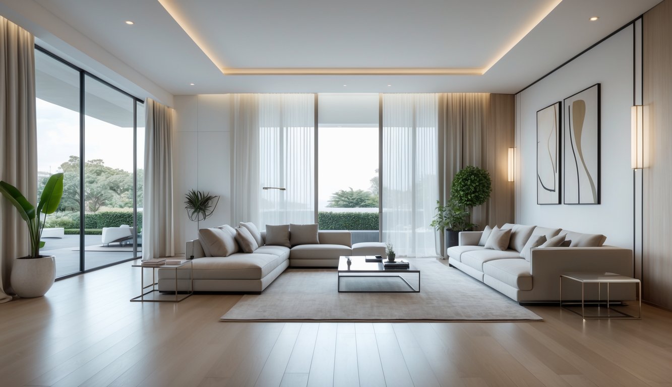 Ruang tamu luas dengan sofa, meja kopi, jendela besar, dan tanaman hias di dalam rumah.