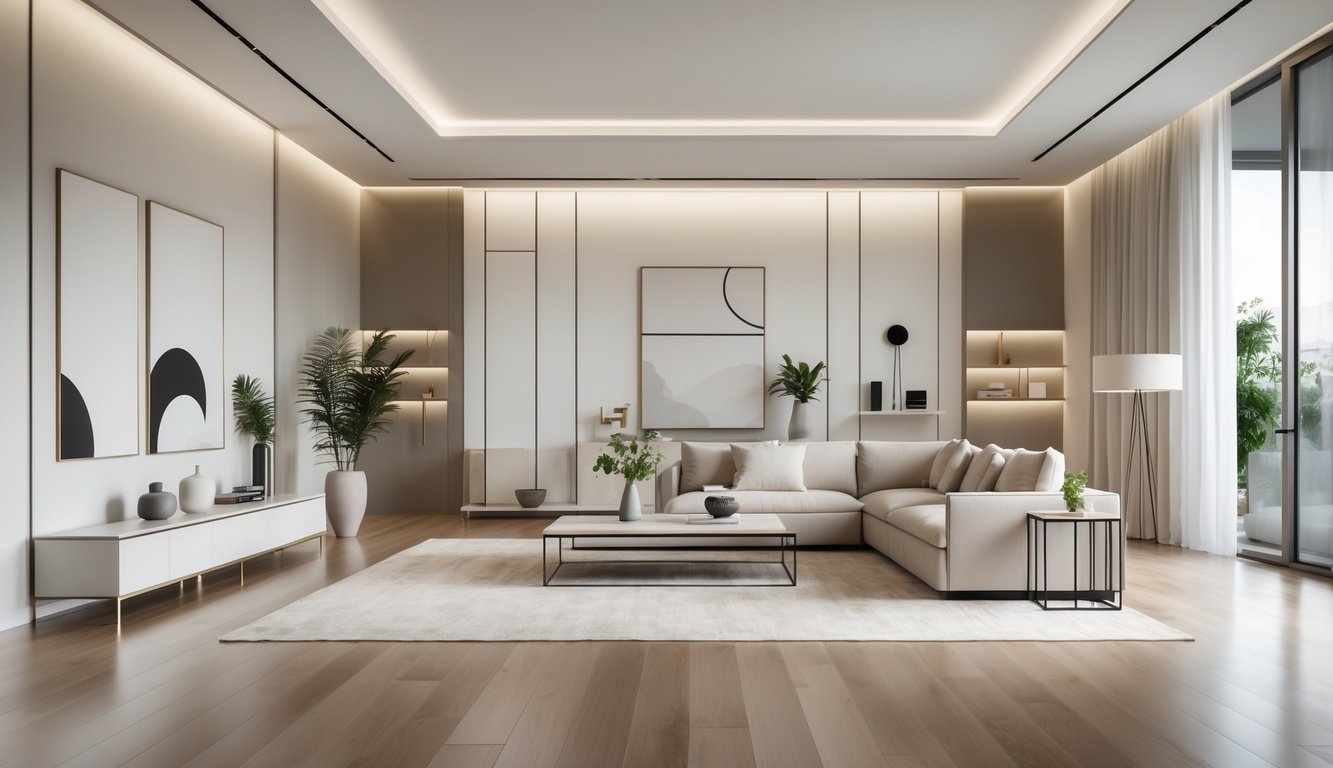 Ruang tamu mewah dengan jendela besar, sofa nyaman, meja kopi modern, dan dekorasi minimalis yang rapi.