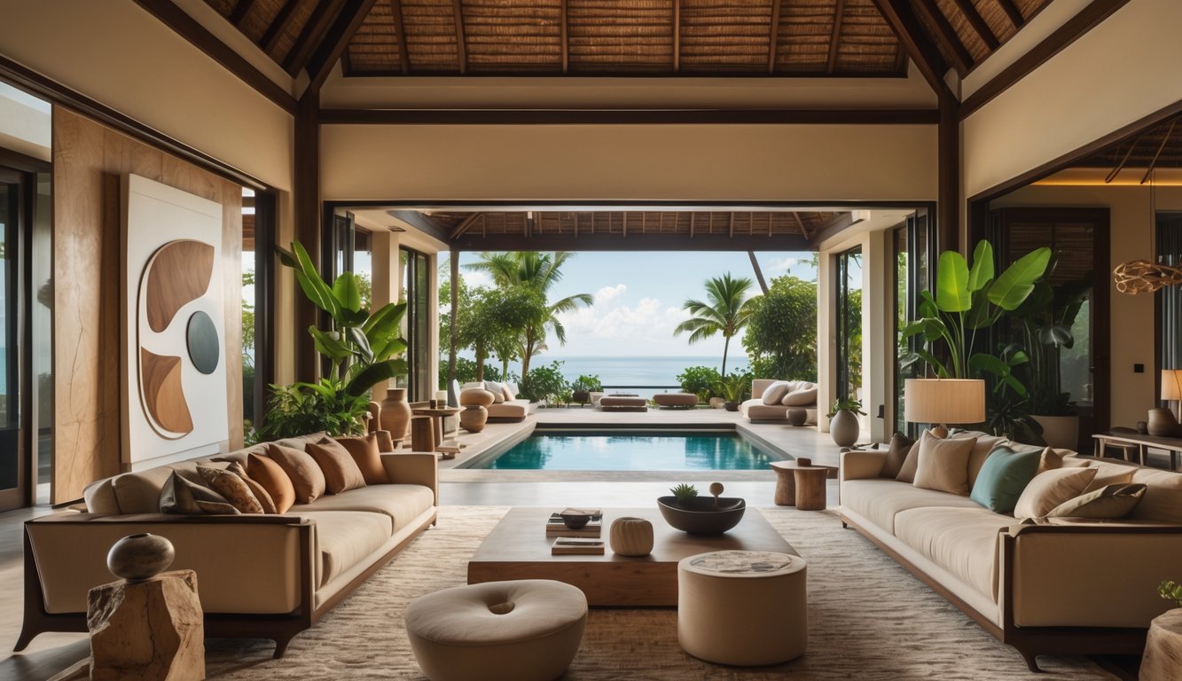 Interior ruang tamu villa mewah dengan jendela besar, sofa nyaman, tanaman hijau, dan pemandangan kolam renang di luar.