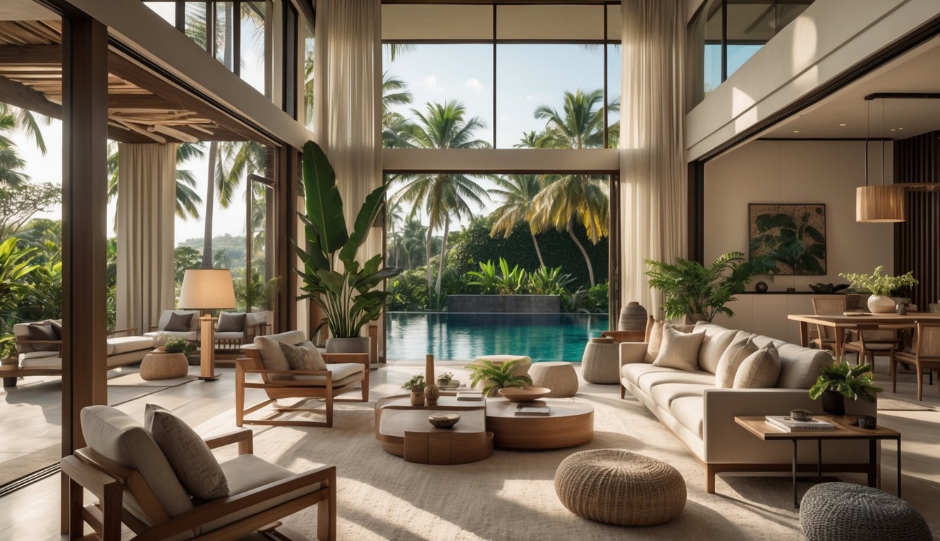 Ruang tamu villa mewah dengan jendela besar yang menampilkan pemandangan hijau tropis dan perabotan modern yang elegan.