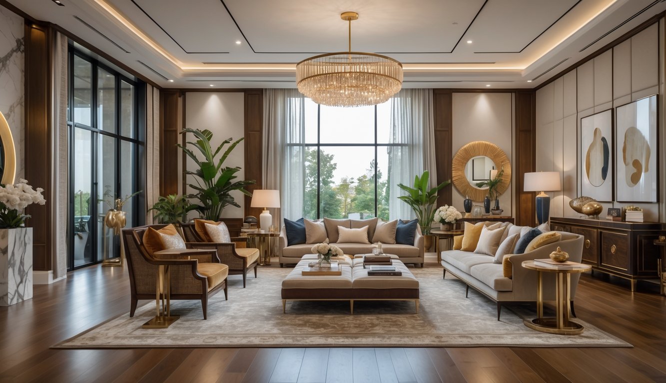 Ruang tamu rumah dengan jendela besar, furnitur elegan, dan dekorasi mewah.