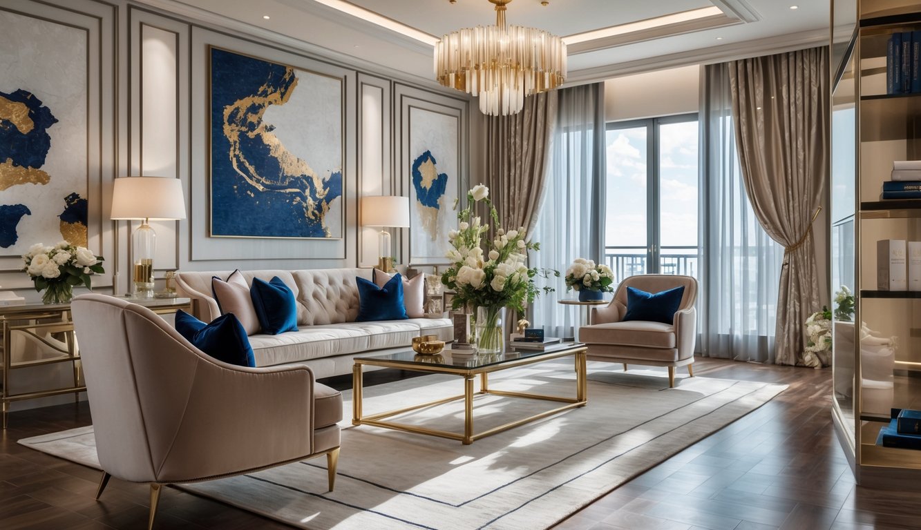 Ruang tamu mewah dengan sofa empuk, meja kopi kaca, lampu gantung modern, dan jendela besar yang menerangi ruangan.