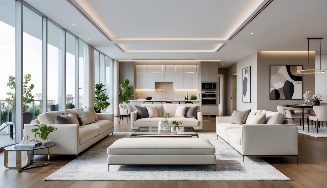 Interior apartemen dengan ruang tamu luas, sofa modern, meja kopi kaca, tanaman hias, dan dapur terbuka di latar belakang.