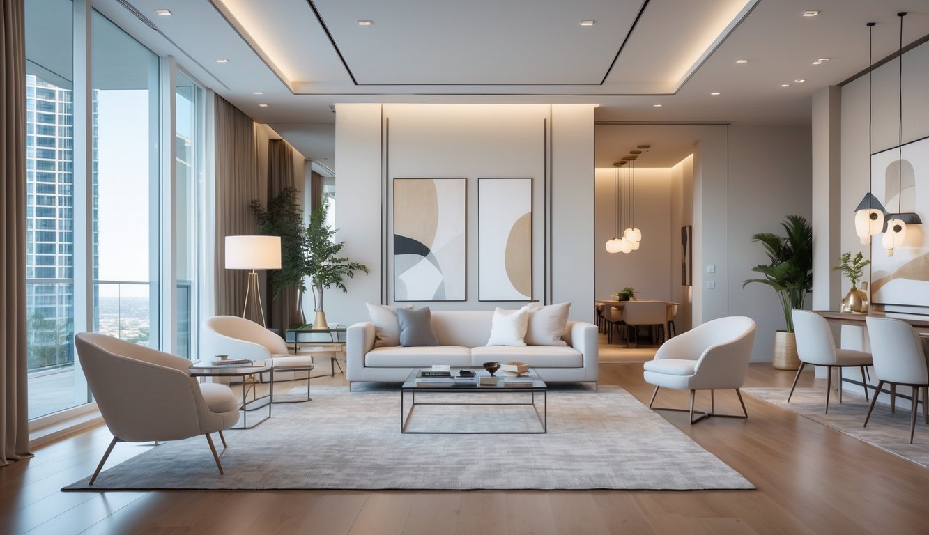 Interior apartemen dengan ruang tamu yang luas, sofa nyaman, meja kopi kaca, tanaman hias, dan jendela besar yang menerangi ruangan.