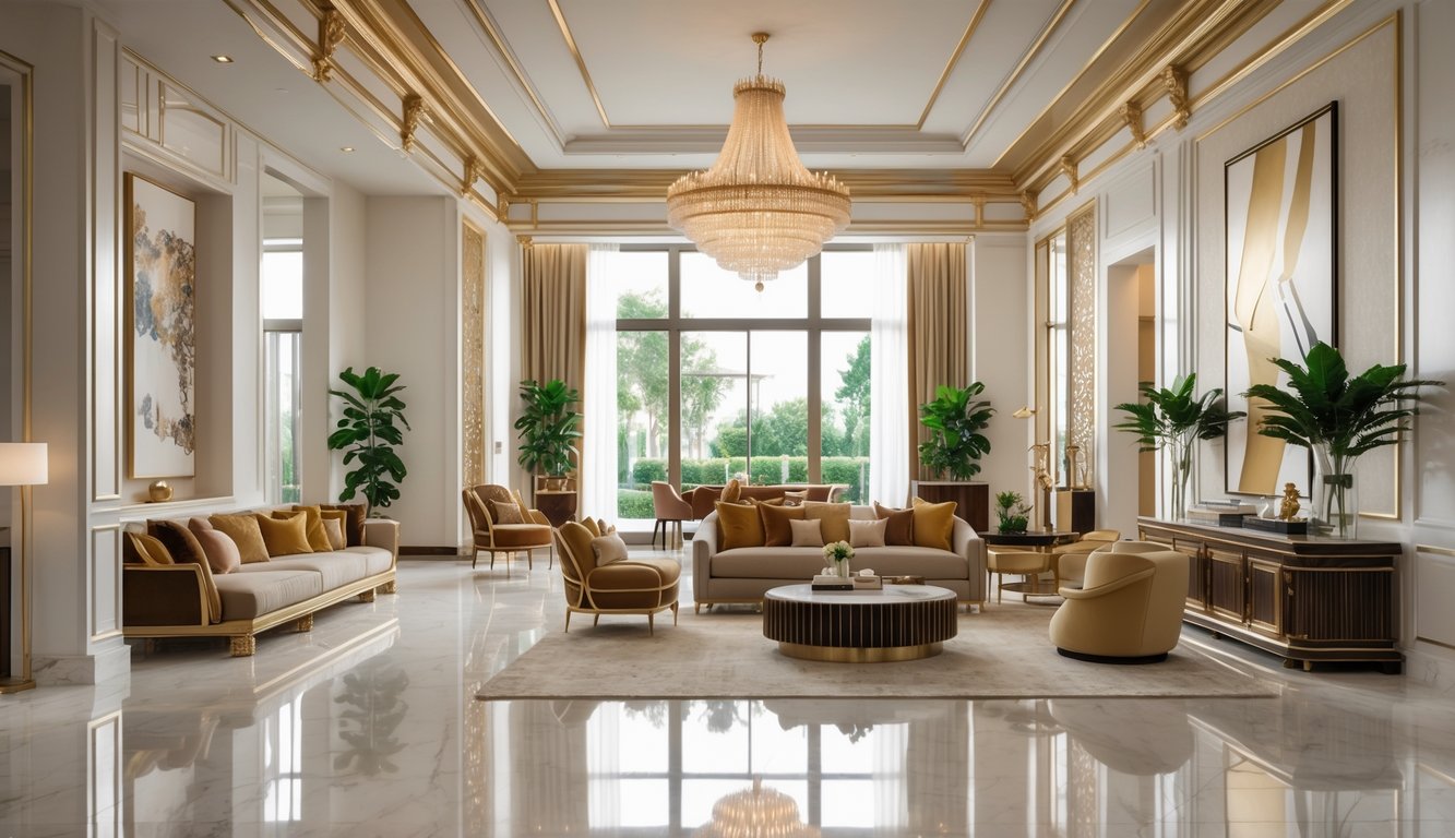 Ruang tamu rumah mewah dengan langit-langit tinggi, jendela besar, lampu gantung, dan perabotan yang nyaman.