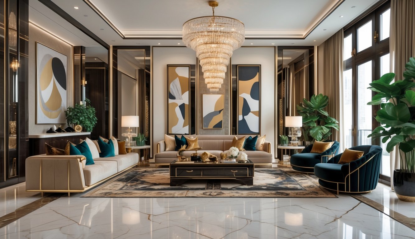 Ruang tamu mewah yang luas dengan pencahayaan alami, furnitur elegan, dan dekorasi yang rapi.