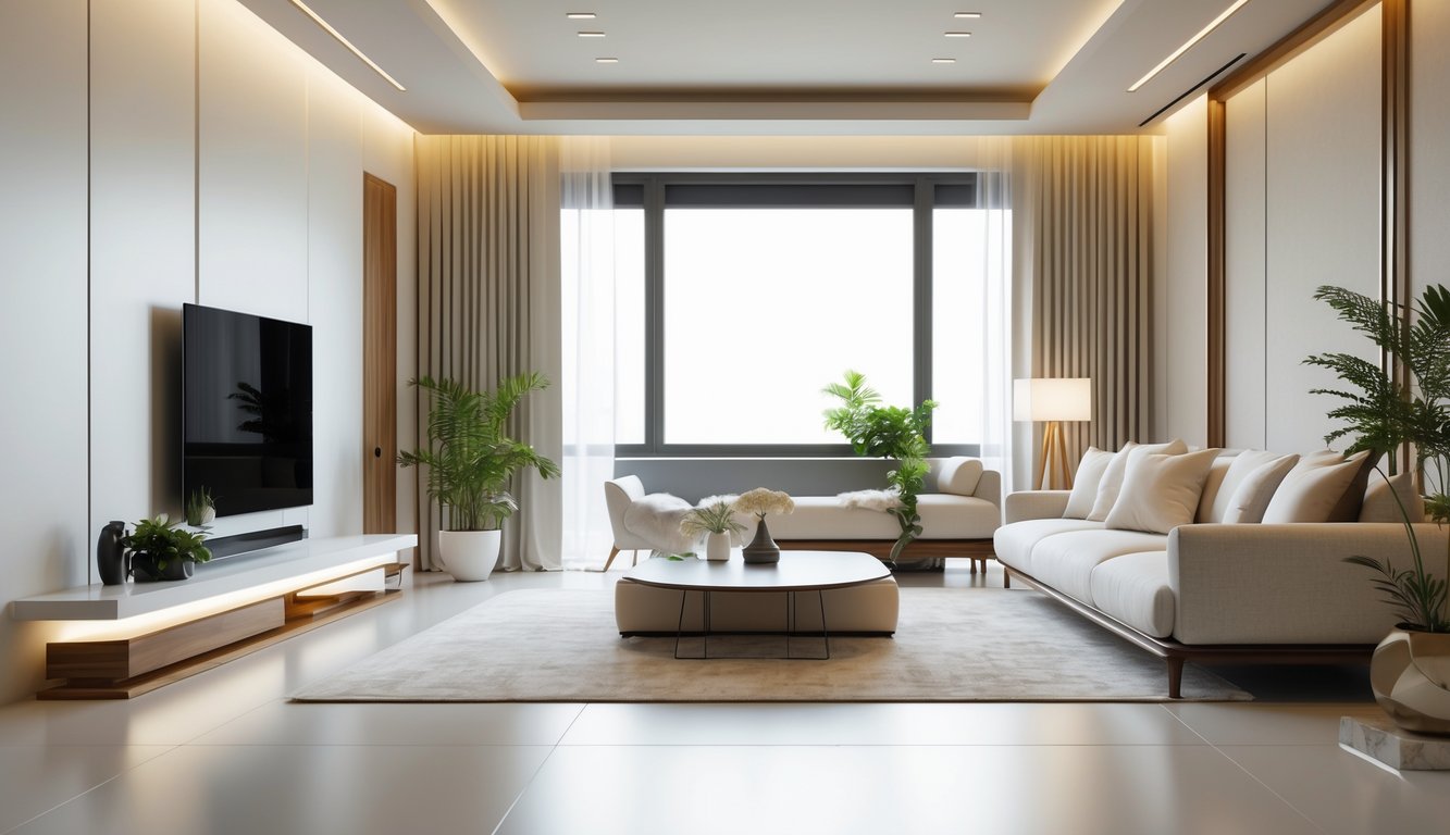 Ruang tamu modern dengan sofa, meja kopi, tanaman hias, dan jendela besar yang menerangi ruangan.