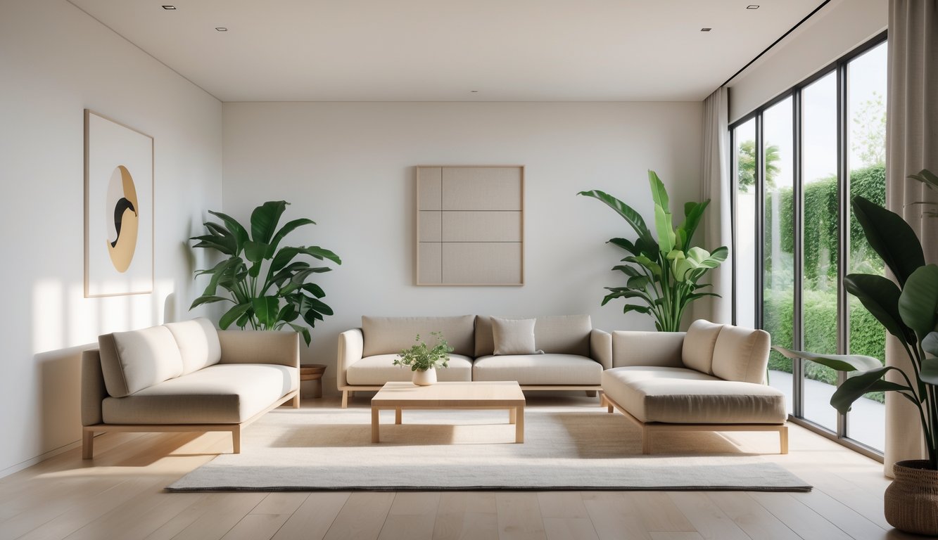 Ruang tamu modern yang terang dengan sofa, meja kopi kayu, tanaman hijau, dan jendela besar yang membiarkan cahaya alami masuk.