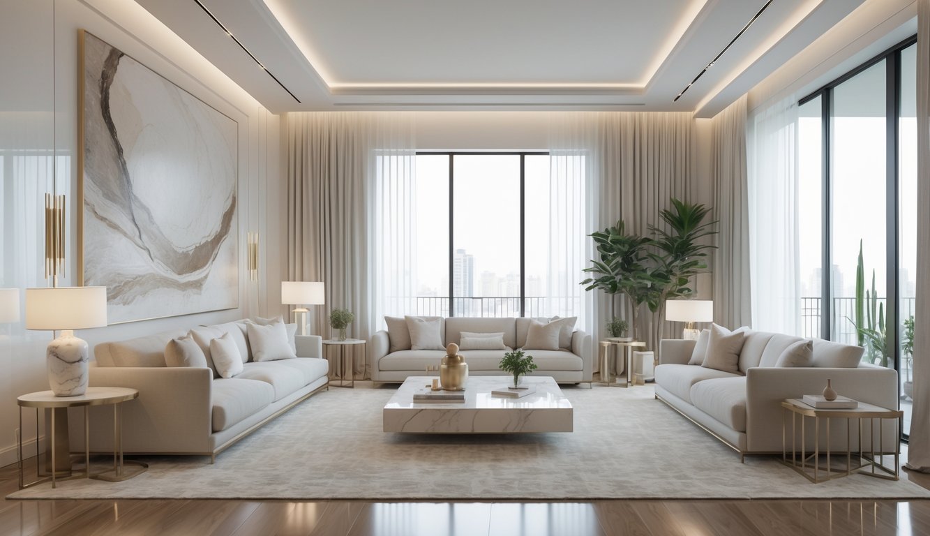 Ruang tamu luas dengan sofa nyaman, meja kopi sederhana, jendela besar yang membiarkan cahaya alami masuk, dan tanaman hijau sebagai dekorasi.