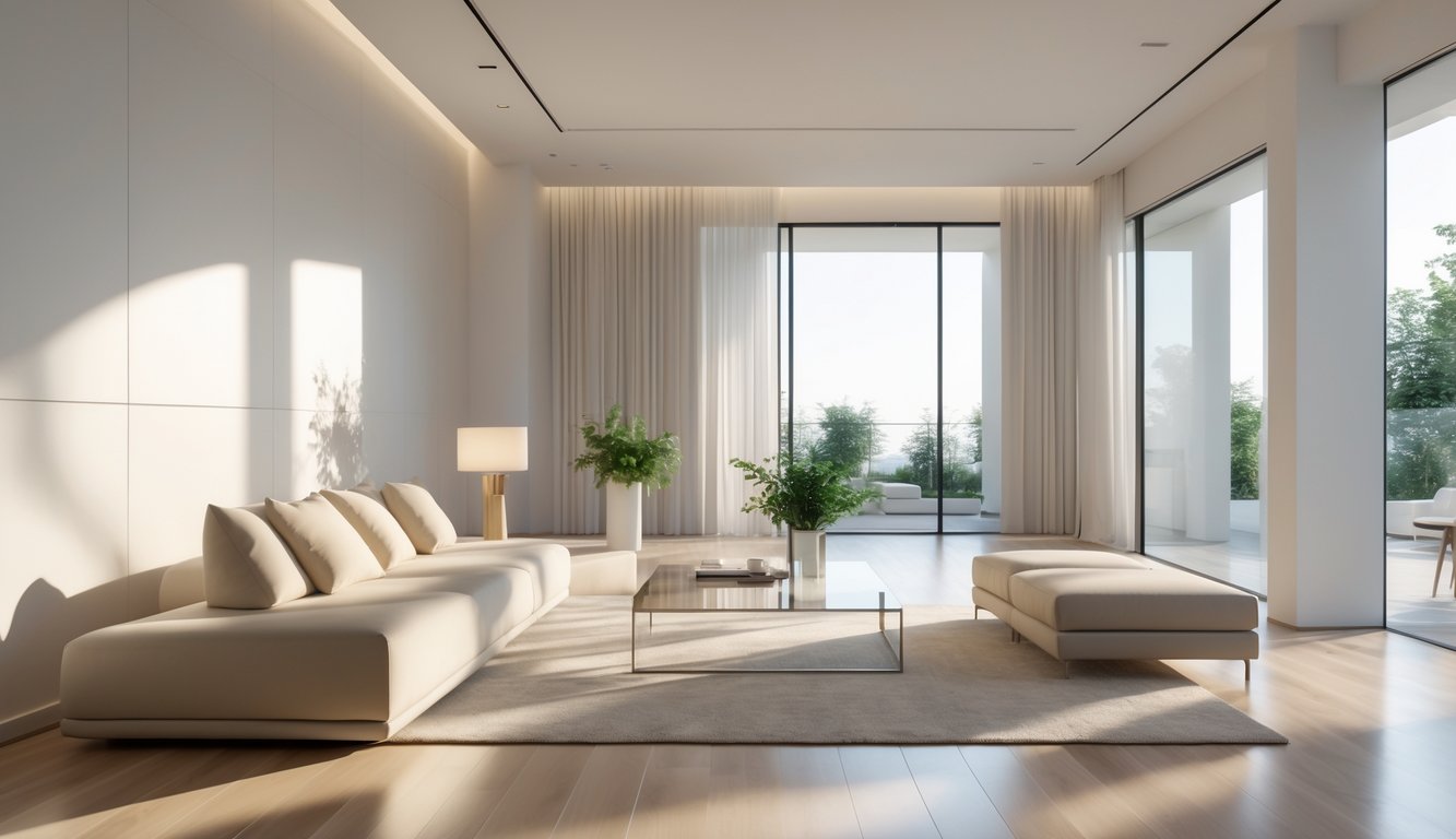 Ruang tamu modern yang luas dengan furnitur sederhana, pencahayaan alami, dan dekorasi minimal.