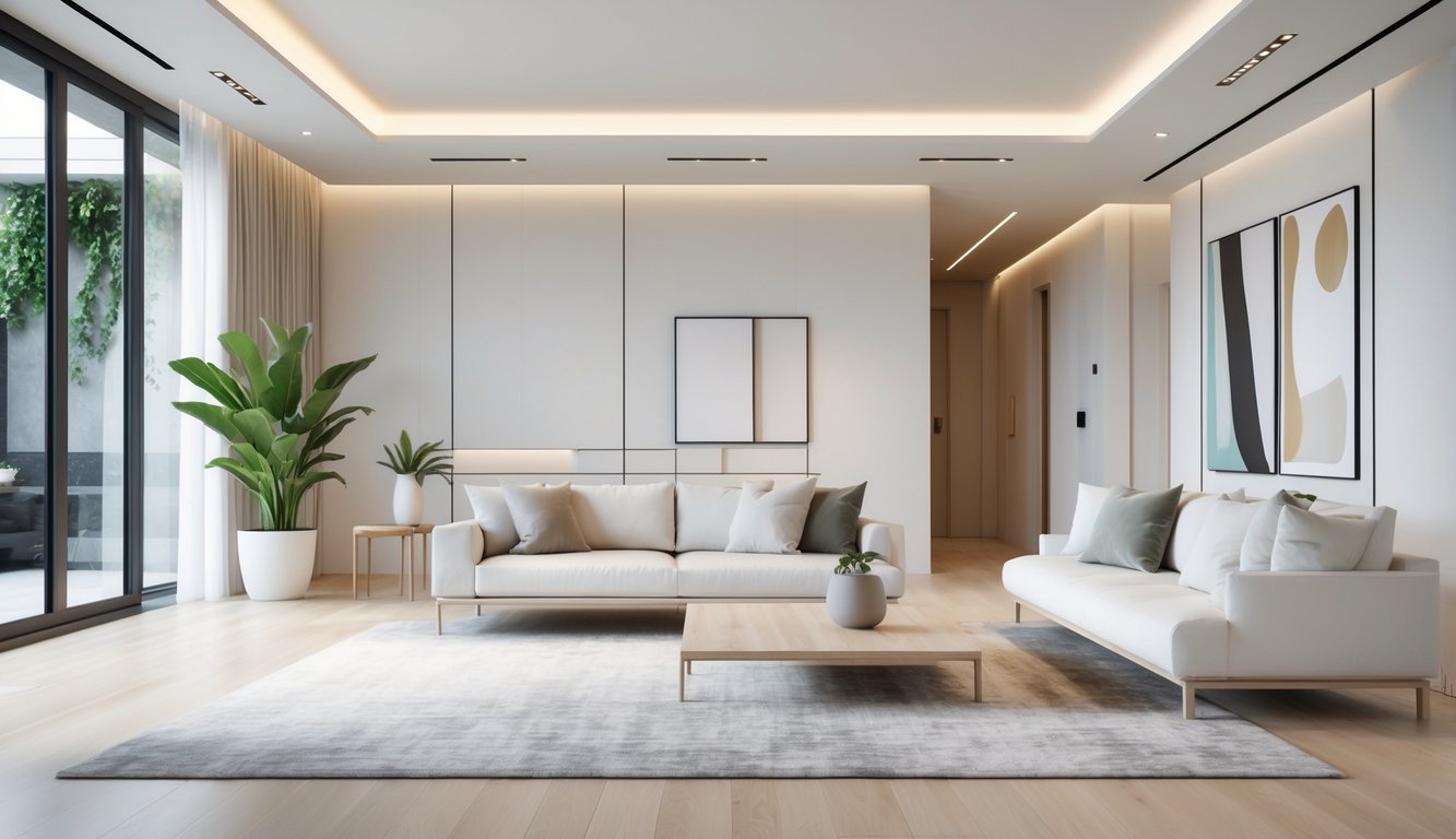 Ruang tamu modern dengan sofa, meja kopi kayu, tanaman hijau besar, jendela besar, dan pencahayaan alami yang terang.