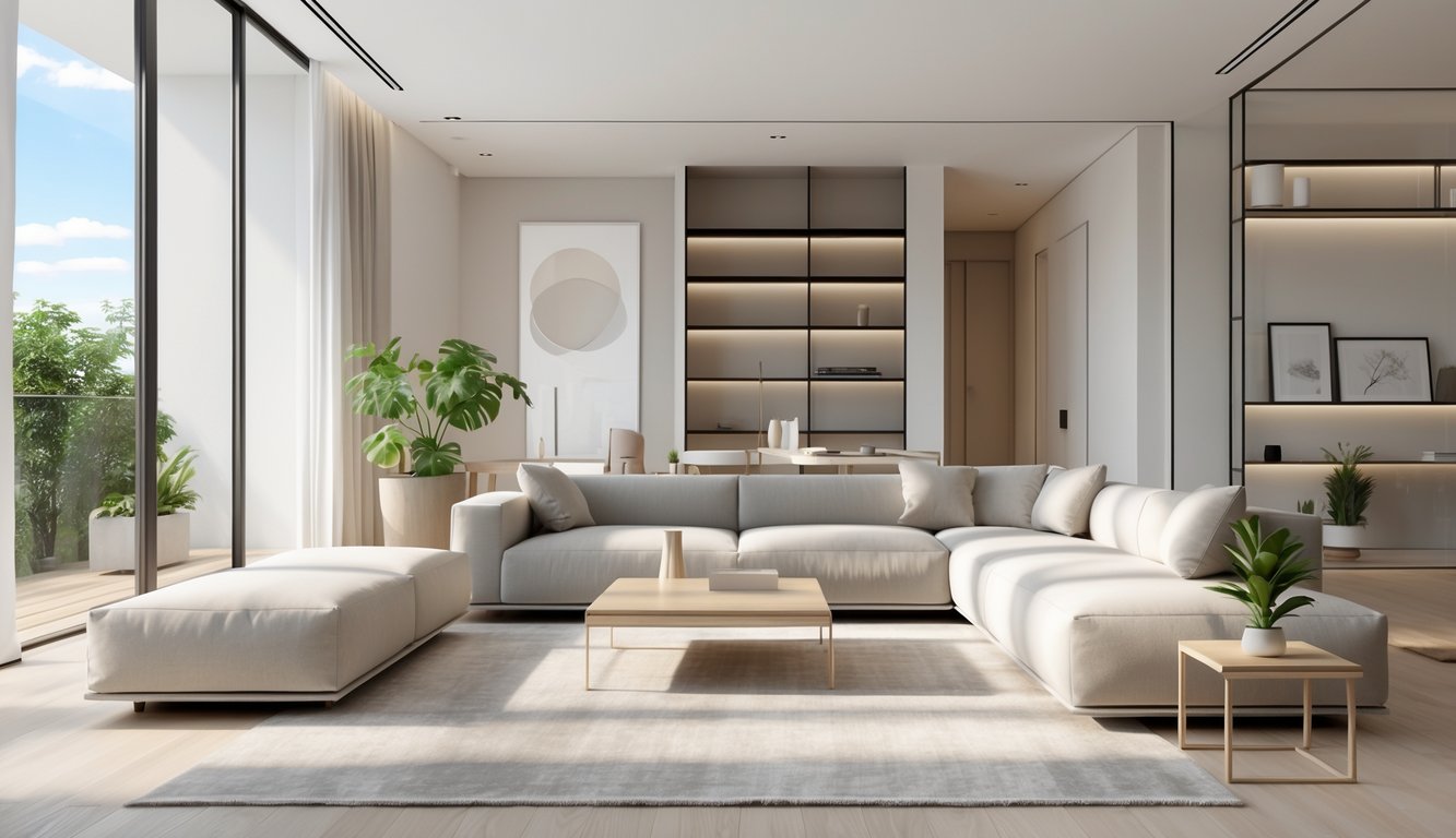 Ruang tamu modern dengan sofa, meja kopi kayu, tanaman hijau, dan jendela besar yang menerangi ruangan.