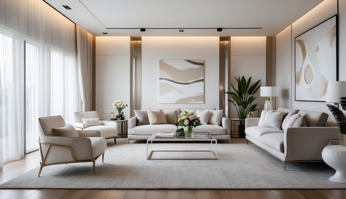 Ruang tamu luas dengan furnitur modern, pencahayaan alami dari jendela besar, dan dekorasi sederhana tanpa teks.