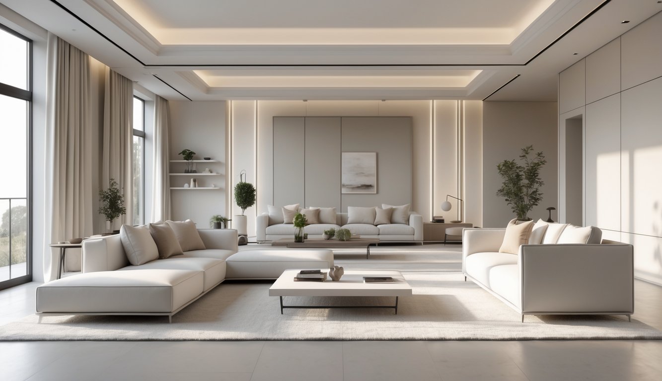 Ruang tamu luas dengan furnitur modern dan pencahayaan alami yang terang.